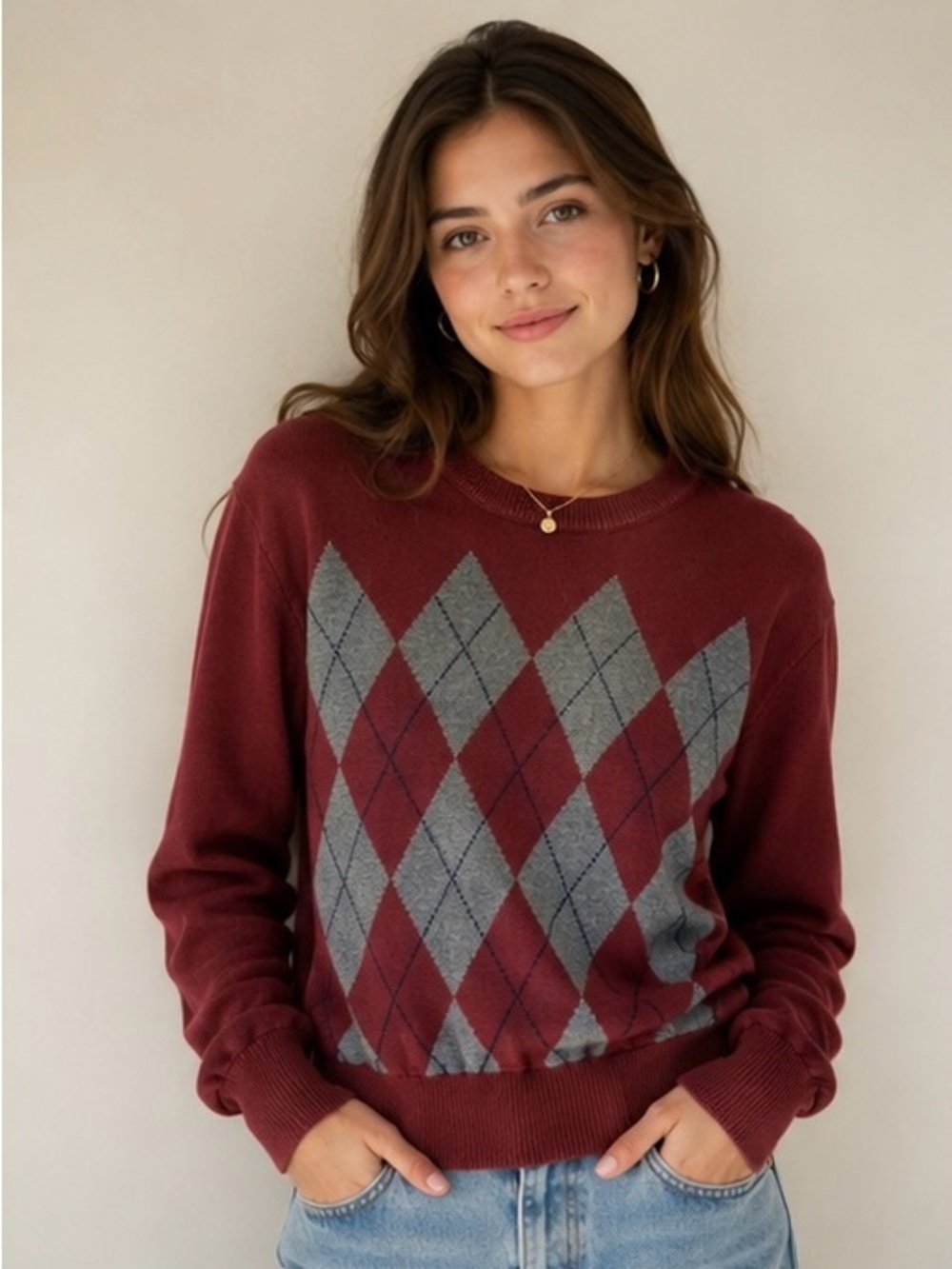 Tommy Hilfiger XL Burgundy Argyle Cotton Knit Sweater